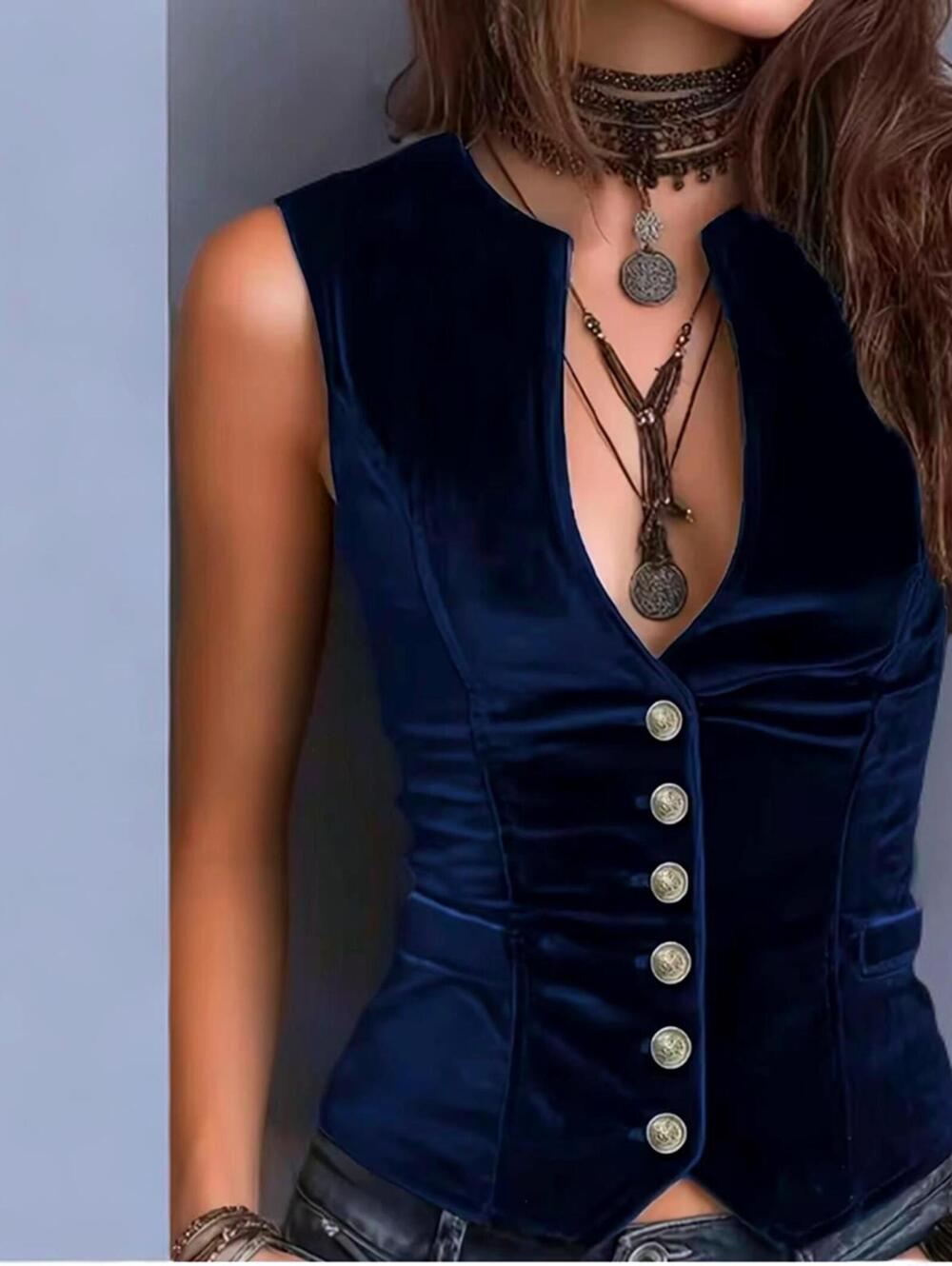 NWT STUNNING! Retro Boho Vest Blue Velvet Y2K Slim Fit Vintage Button-Up Top L